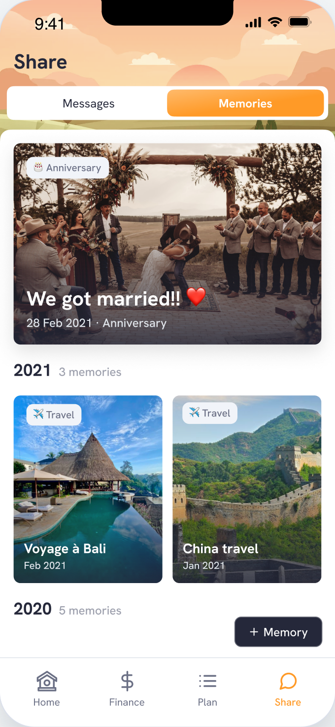 The Memories tab with photos and anniversaries